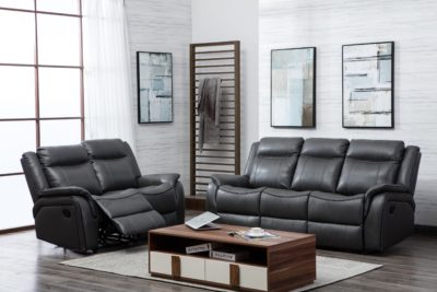 New Hampshire grey leather recliner sofas — three and two seater