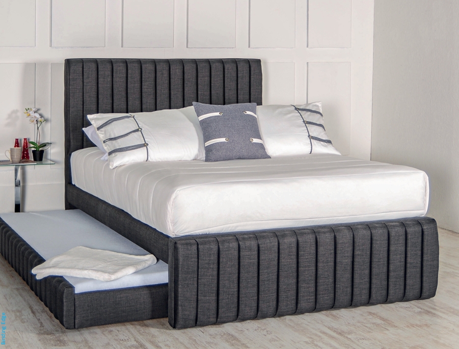 Stylish fabric bed with a padded pleated headboard and hidden pull-out trundle pay monthly with simply pay weekly
