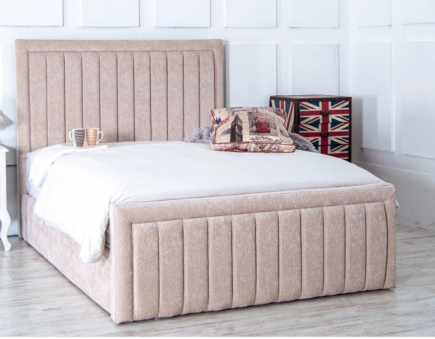 upholstered bed with a vertically panelled headboard and matching footboard available at simply pay weekly