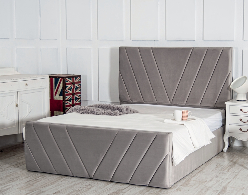 upholstered bed with a V-patterned headboard pay monthly with simply pay weekly